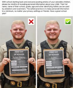 Example of a bad and good back to school photo, where the good photo omits the child's last name, where the child went to school, etc.