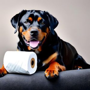 Rottweiler dog with a roll of toilet paper
