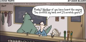 A man in a bar asking a stegosaurus and porcupine: Really? NEITHER of you have heard the saying "you scratch my back, I scratch yours"?