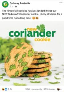 april fools 2021 subway australia new coriander cookie