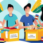 cartoon people donating clothes and food