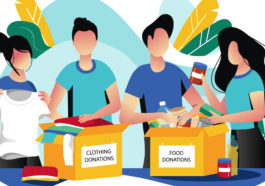 cartoon people donating clothes and food