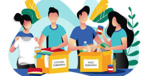 cartoon people donating clothes and food