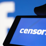 facebook logo and a phone screen that says "censorship"