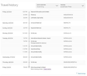 fedex travel history to melb