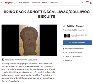 golliwog scalliwag biscuit petition