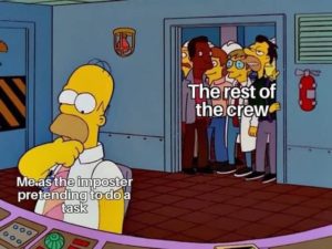 homer imposter pretending to do task as crew watches simpons