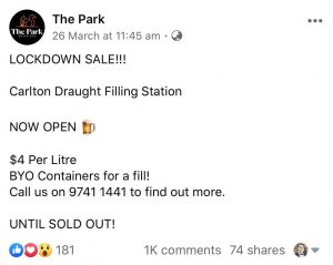 lockdown beer sale park hotel werribee