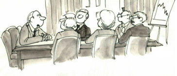 Cartoon with a board meeting and someone saying "Well, now we know what not to do"