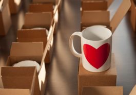 warehouse of white mugs with a heart in cardboard boxes.