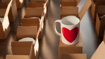warehouse of white mugs with a heart in cardboard boxes.