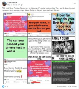 Collage of posts asking coded security questions