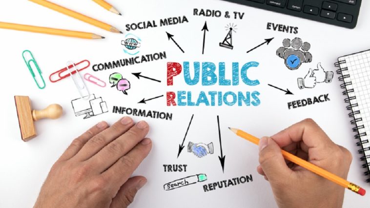 Public Relations concept. Chart with keywords and icons. Hands on working desk doing business