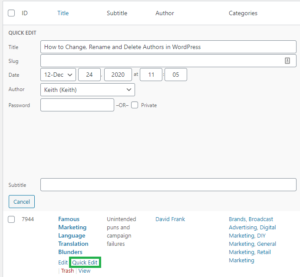 quick edit author in wordpress