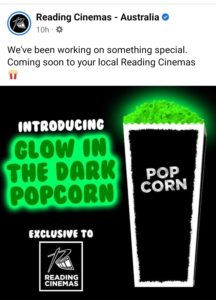 reading cinemas glow in the dark popcorn