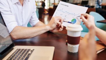 Business people having meeting in cafe and discussing document with website visitors activity